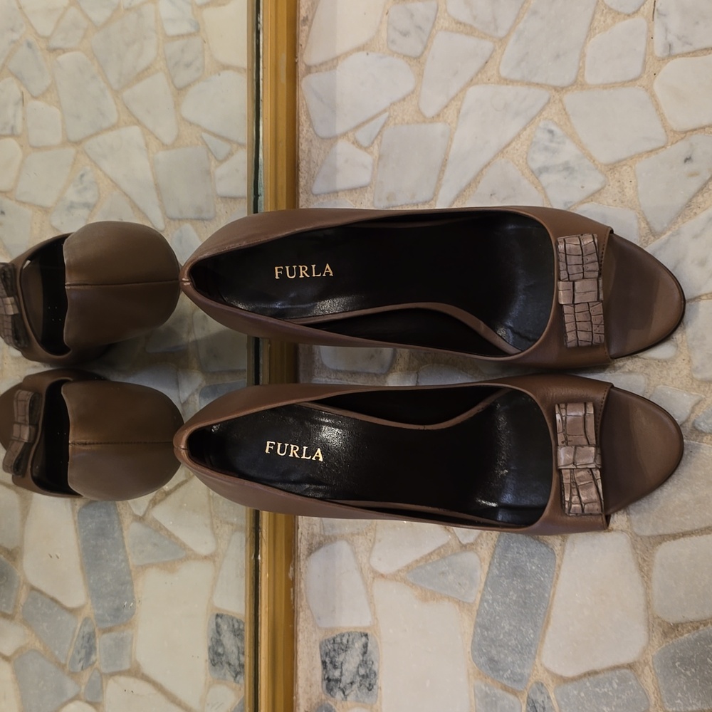 Furla Leather Open Toe High Heels with Crocodile print bow on the top, Size 39